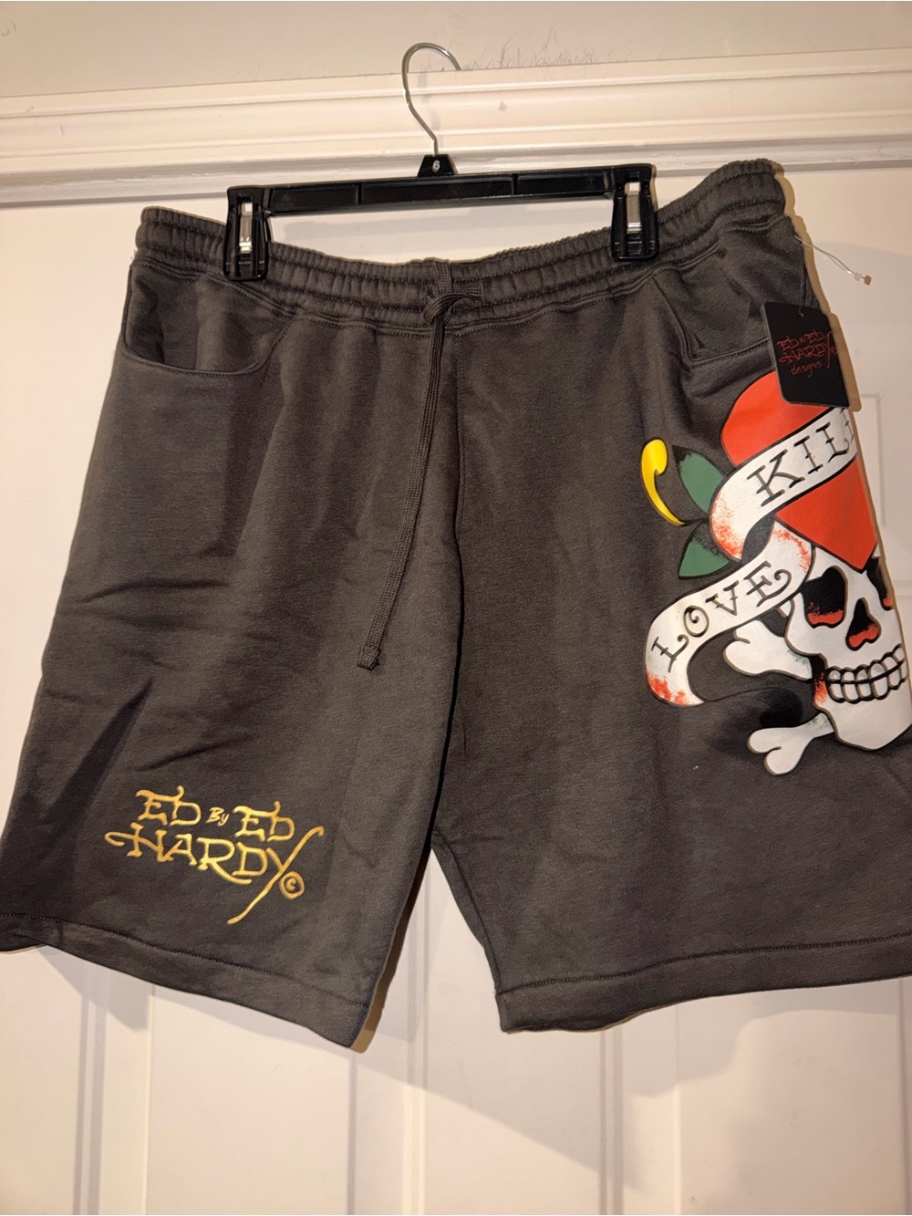 Ed Hardy Men’s Gray Athletic Shorts with Multicolor Skull Graphic